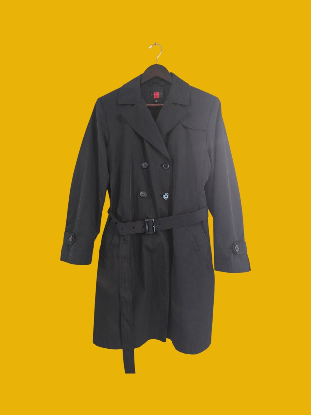 Gallery LARGE Black Polyester Cotton Trench Coat Double Breasted - Black / Large